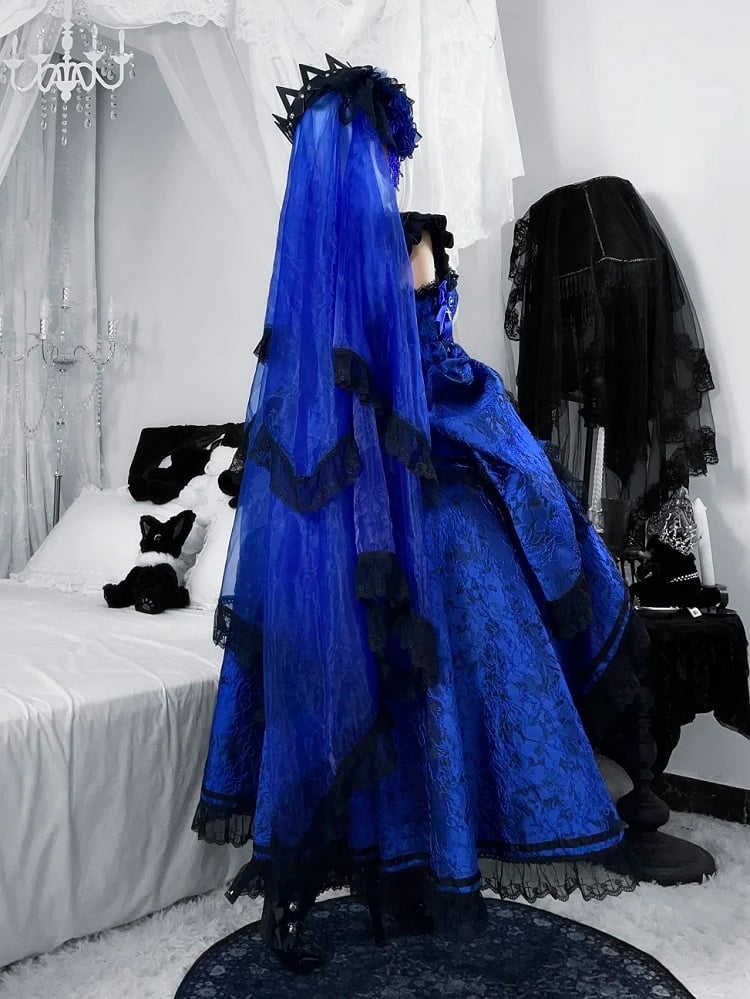 [Date limite de réservation 8 janvier] Set Complet avec Accessoires de Robe Bustier Jacquard Gothic Sombre à Longue Traîne