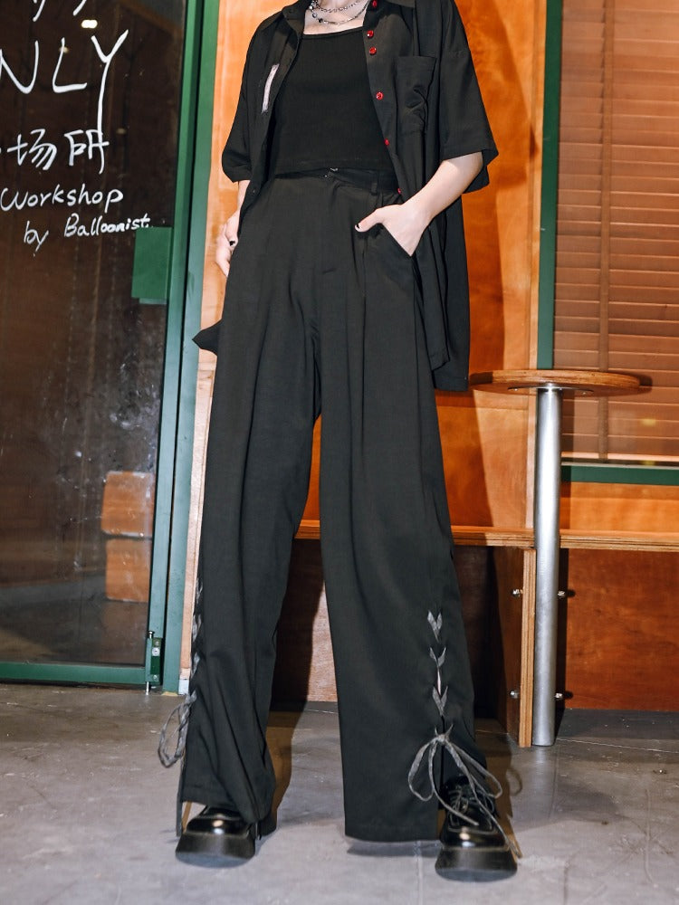 Lace-up straight leg casual slacks pants