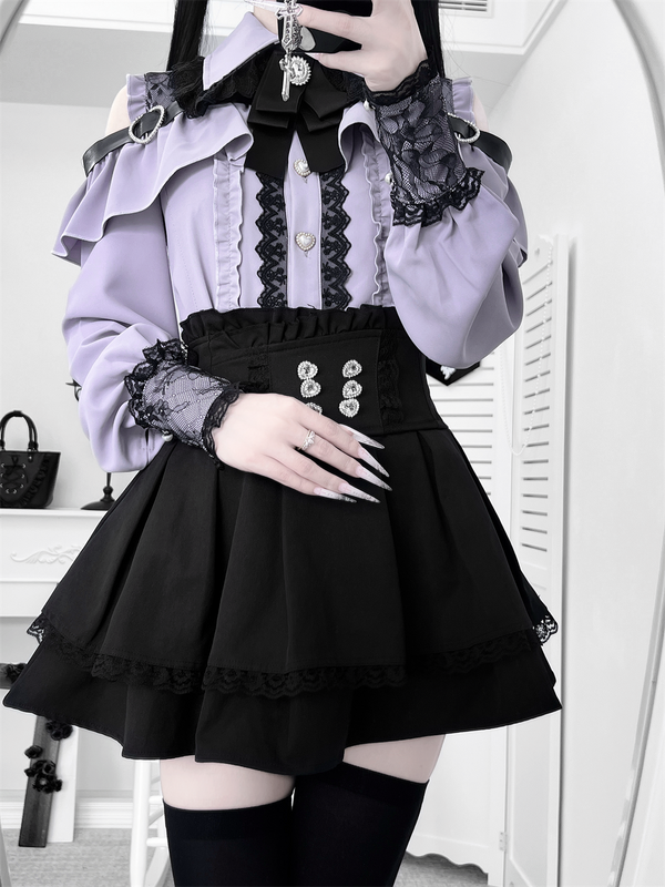 [Deadline for reservations: October 15] Open Shoulder Heart Leather Strap Ruffle Ribbon Shirt