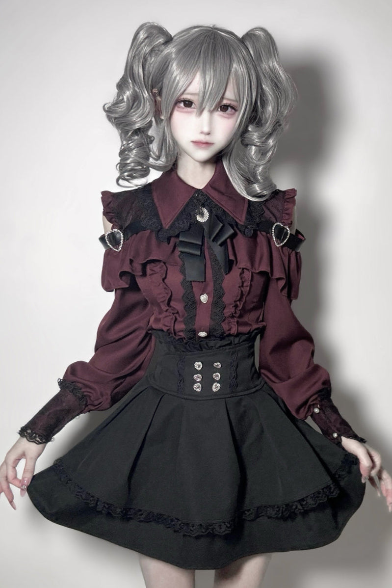 [Deadline for reservations: October 15] Open Shoulder Heart Leather Strap Ruffle Ribbon Shirt