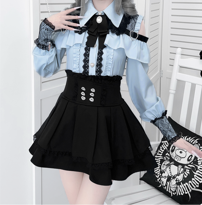[Deadline for reservations: October 15] Open Shoulder Heart Leather Strap Ruffle Ribbon Shirt