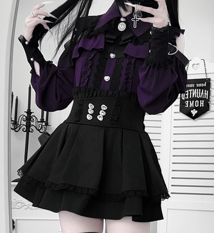 [Deadline for reservations: October 15] Open Shoulder Heart Leather Strap Ruffle Ribbon Shirt