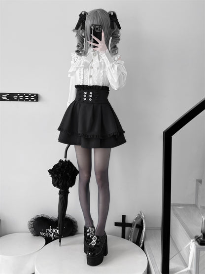 [Deadline for reservations: October 15] Open Shoulder Heart Leather Strap Ruffle Ribbon Shirt