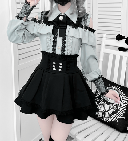 [Deadline for reservations: October 15] Open Shoulder Heart Leather Strap Ruffle Ribbon Shirt