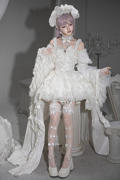 【7月19日予約締切】ホワイト/ブラックウエディングロリータドレスフルセット（JKSドレス＋姫袖ブラウス＋ロングオーバーレイ＋リボンアクセサリー）