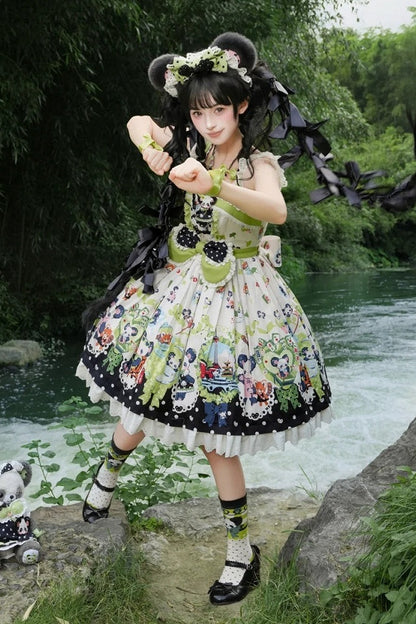[Pre-order Deadline: October 25] Pink/Green Chinoiserie Lolita Sweet Panda Ear Bow High-Waist Tiered JSK Dress + Bow-Waist Panda Print Dress