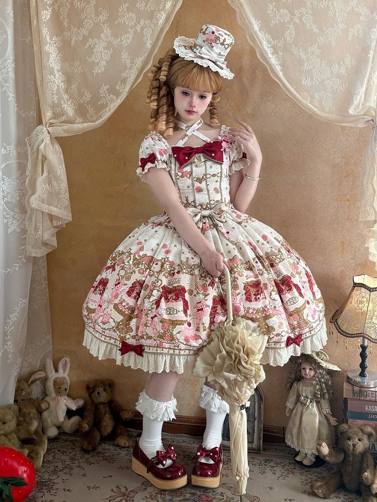 【4月26日予約締切】レトロロマンスイートロリータリボンケーキプリントホルターネックドレス