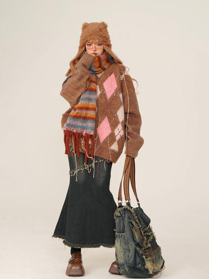 Colorful striped mohair scarf + snowball fur ribbon neck warmer tippet