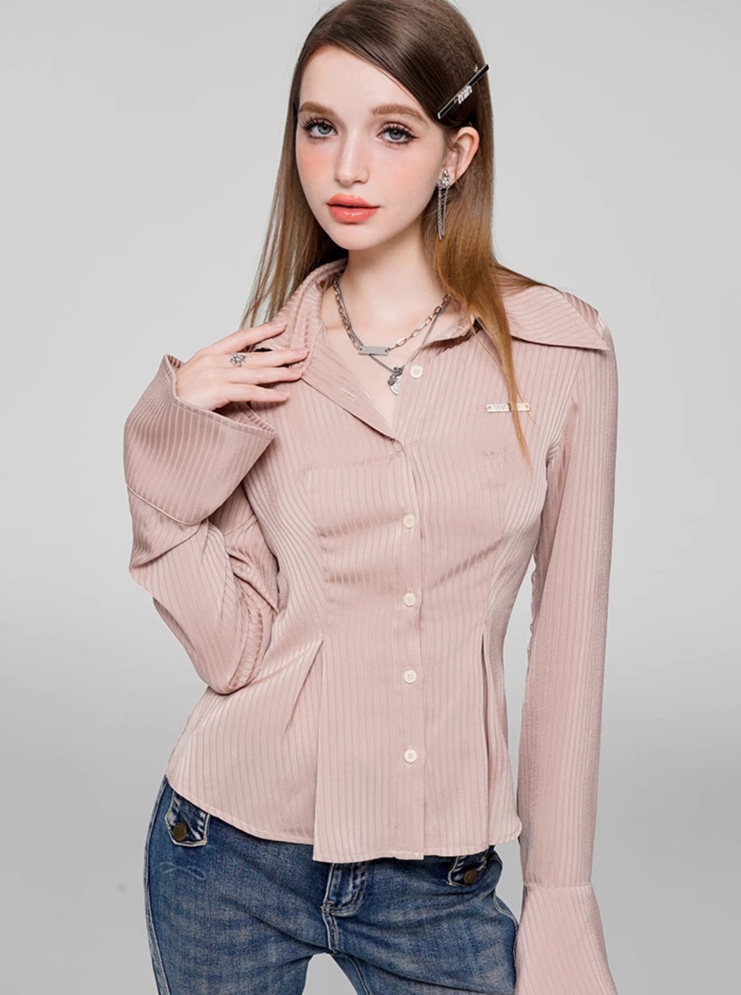 Baby Pink Satin Striped Waist Shirt