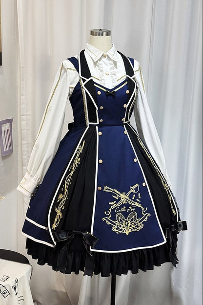 【6月28日予約締切】レッドブラック/ブルーブラックダークロリータゴールドエンブロイダリーテーラーカラーJKSドレス＋ネクタイ＋ウエストバッグ付きベルト