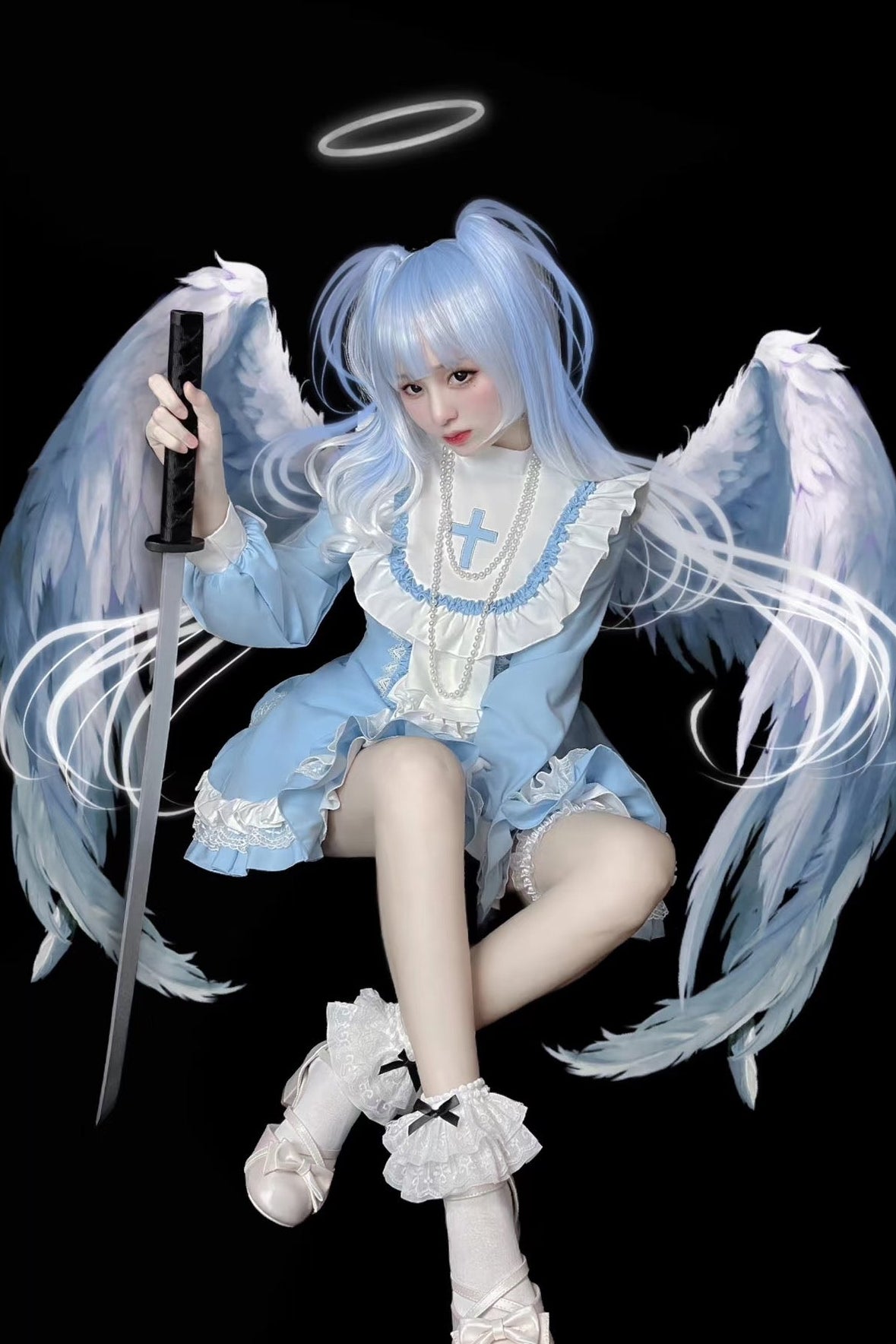 【Angelic Aesthetic👼】Stand Collar Cross Angel Tiered Ribbon Dress