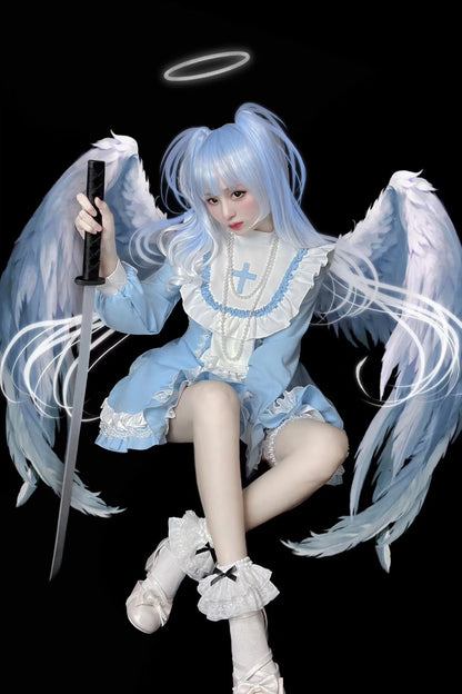 【Angelic Aesthetic👼】Stand Collar Cross Angel Tiered Ribbon Dress