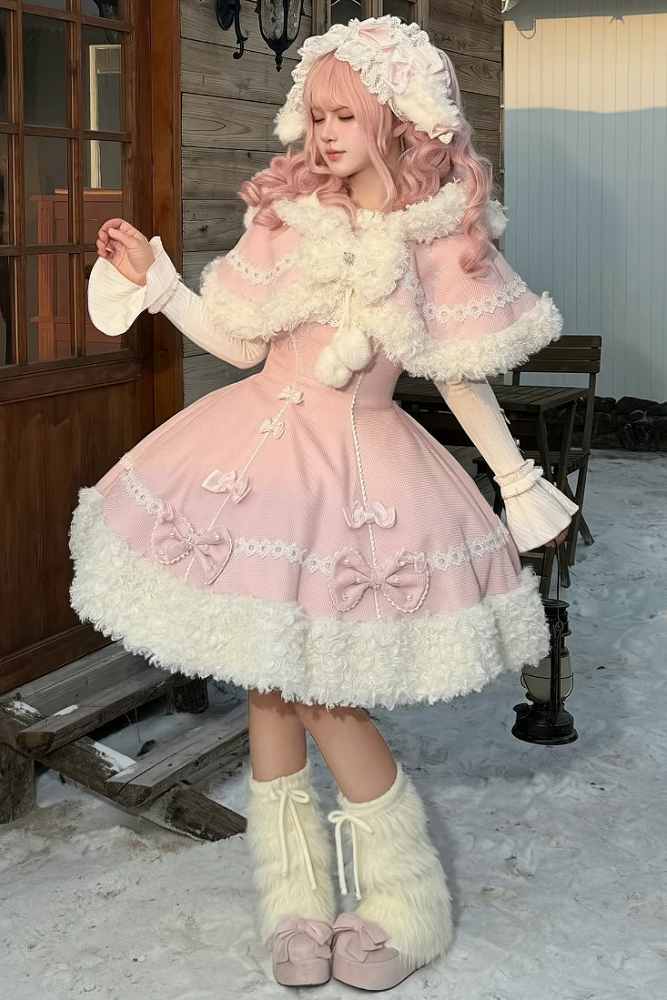 【11月7日予約締切】Yellow/Pink Sweet Lolita Lace Ribbon Fluffy Hem JSK Dress + Ruffle Neck Ribbed Bell Sleeve Top