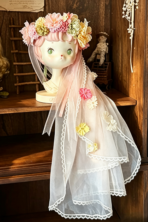 【10月8日予約締切】Pink×Green Sweet Floral Series Accessories（Floral crown headpiece with veil / sleeve pair (detachable sleeves) / choker）