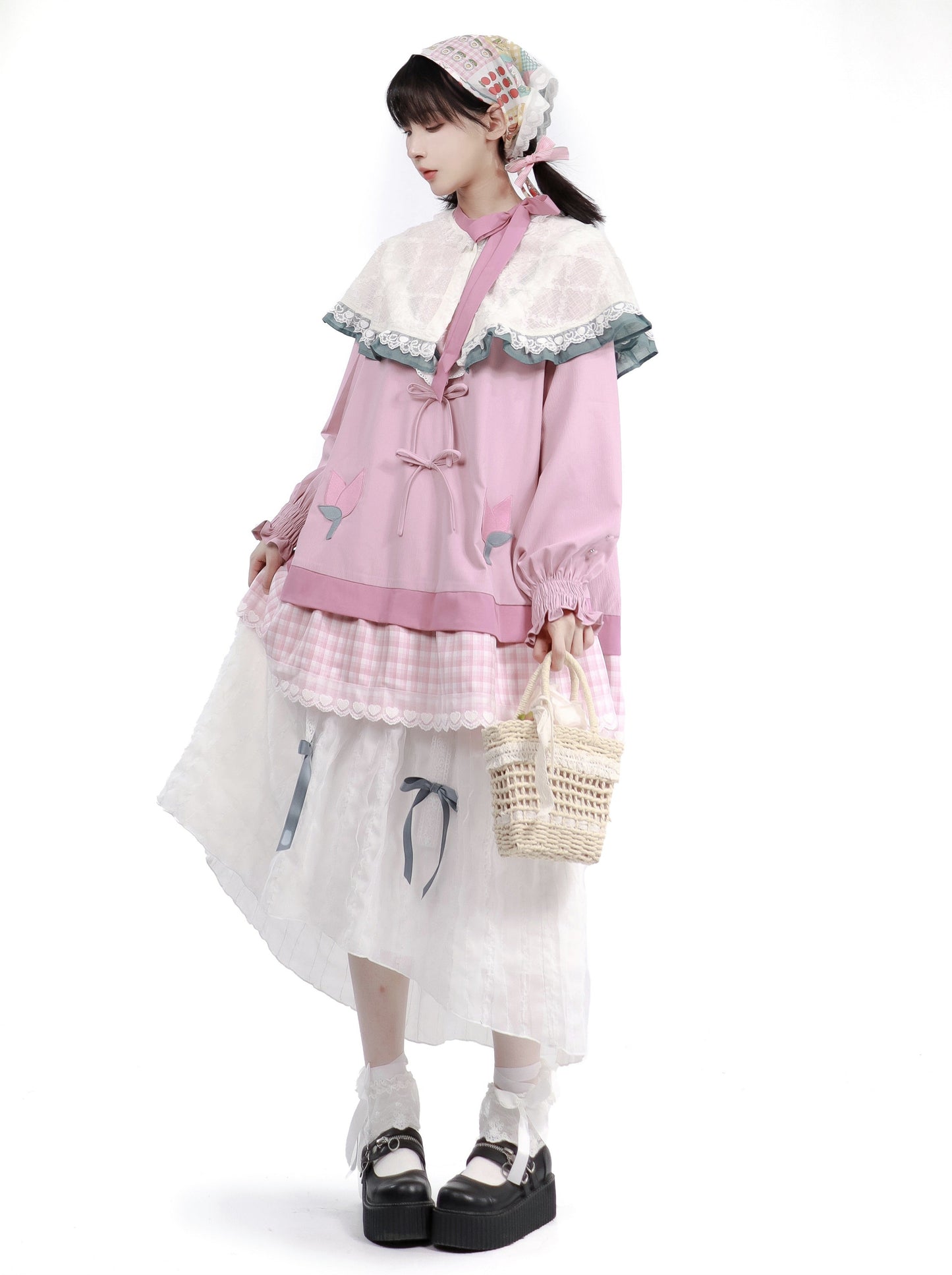 Dreamy Pink Forest Girl Layered Knit Shirt Skirt Suit