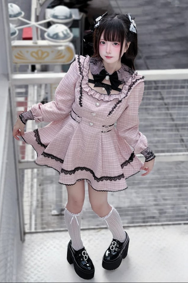 【12月18日予約締切】ジュエルリボンカラースイートレースチェックドレスセットアップ