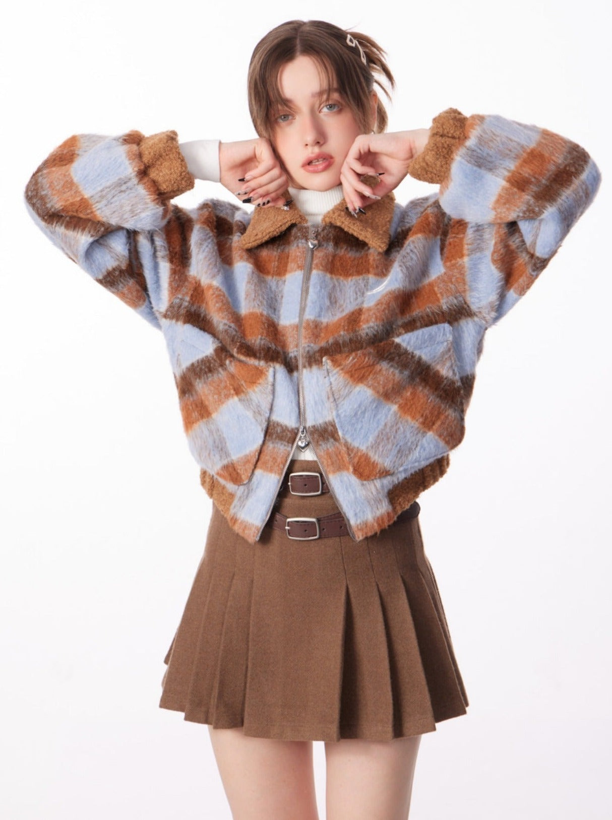 Check Blue Brown Short Jacket