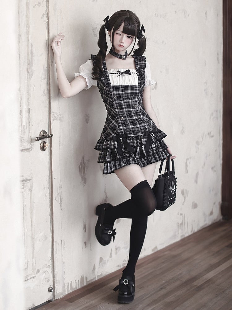 【4月29日予約締切】ブラックチェックフリルリボンパフスリーブミニドレスセットアップ＋チョーカー
