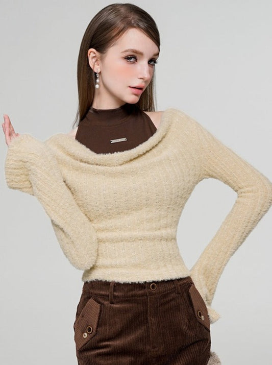 Two-piece fur off-the-shoulder knit