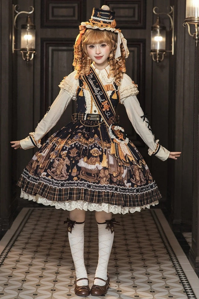 [Reservierungsschluss 8. September] Classic Bear Lolita-Stufenkleid mit weißem Kragen, Karomuster, Spitze und Schleife+Vintage-JSK-Kleid mit Teddybär-Print und Spitze+Vintage-Lolita-Kleid mit Teddybär-Print, Karokragen und klassischem Karomuster