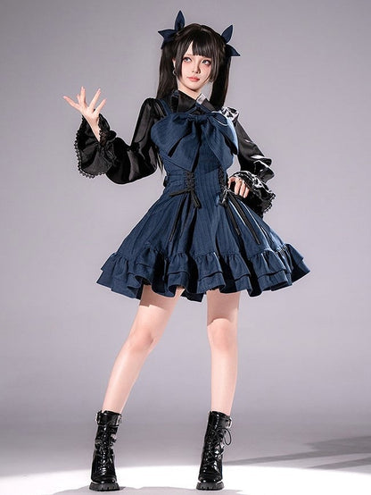 【12月26日予約締切】ゴシックロリータダークカラーストライプリボンサスドレス