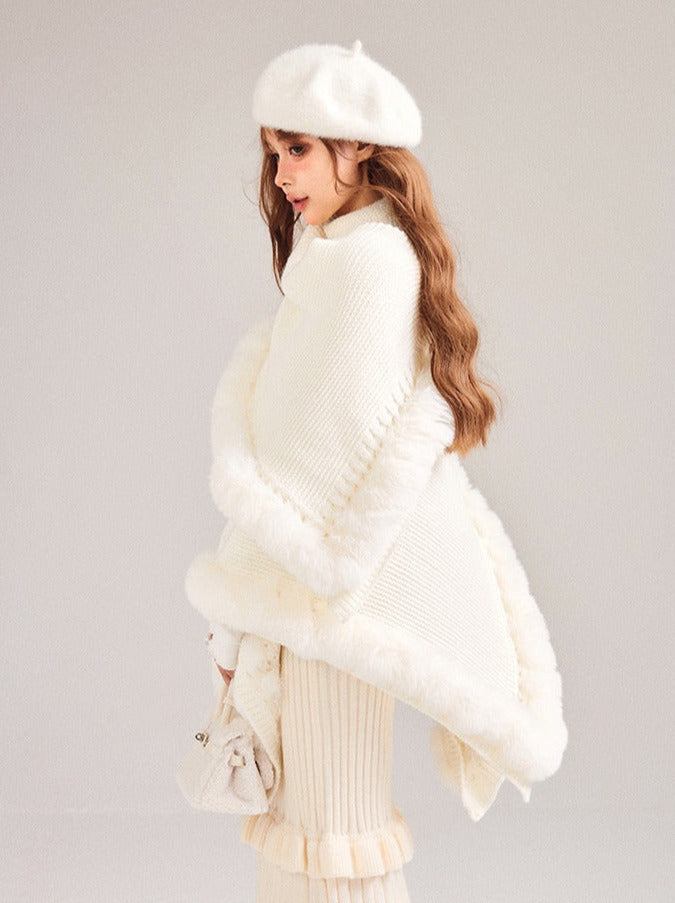 Soled Collar Shawl Knit Fur Ball Cape Jacket