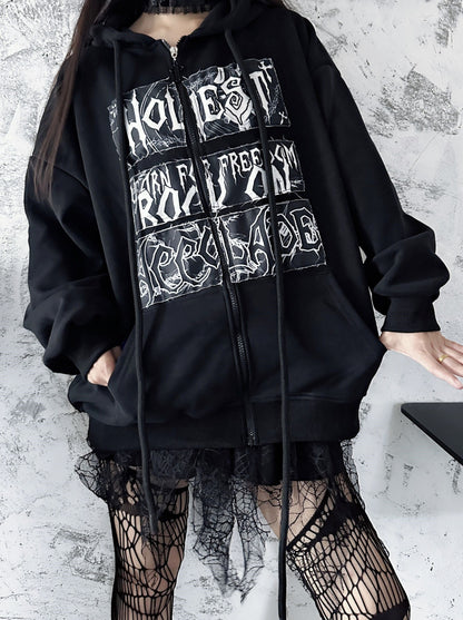 Punk Rock Print Loose Zip Hoodie