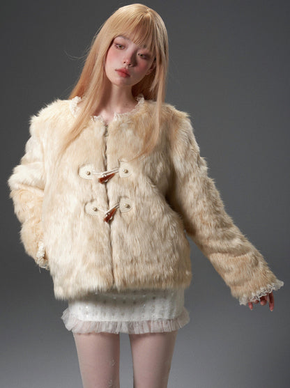 Gradient Beige Lace Stitching Horn Button High Collar Jacket