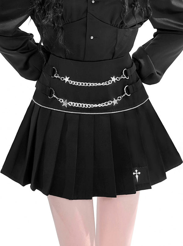 Star Metal Chain Punk Slim Curved Cut Pleated Skirt