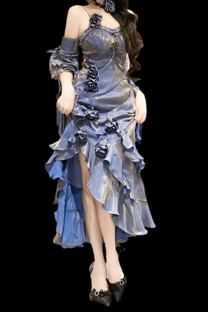 Amour Rose Bianca White and Blue Mermaid Dress Set