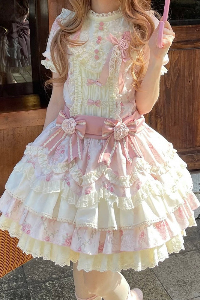 [Reservierungsschluss 7. September] Pink-blaues süßes Lolita-Stufenkleid mit romantischem Rosenprint