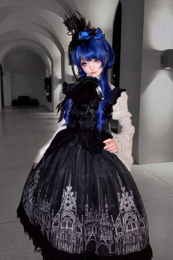 【10月13日予約締切】Gothic Lolita Black White Cathedral Print Lace Trim JSK Dress + Full Dress Set (Detachable Sleeved Shirt, Mini Hat, Apron, Brooch)