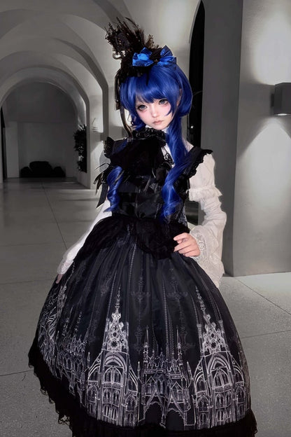 【10月13日予約締切】Gothic Lolita Black White Cathedral Print Lace Trim JSK Dress + Full Dress Set (Detachable Sleeved Shirt, Mini Hat, Apron, Brooch)