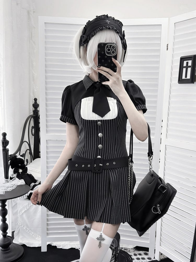 【4月29日予約締切】ブラックピンストライプタイカラーショートジャケットドレスフルセット＋ジュエルキャスケット