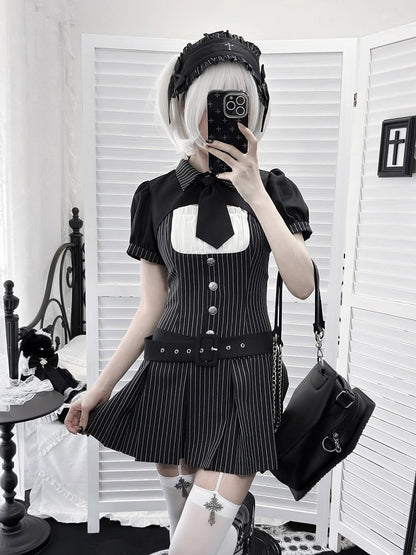 【4月29日予約締切】ブラックピンストライプタイカラーショートジャケットドレスフルセット＋ジュエルキャスケット