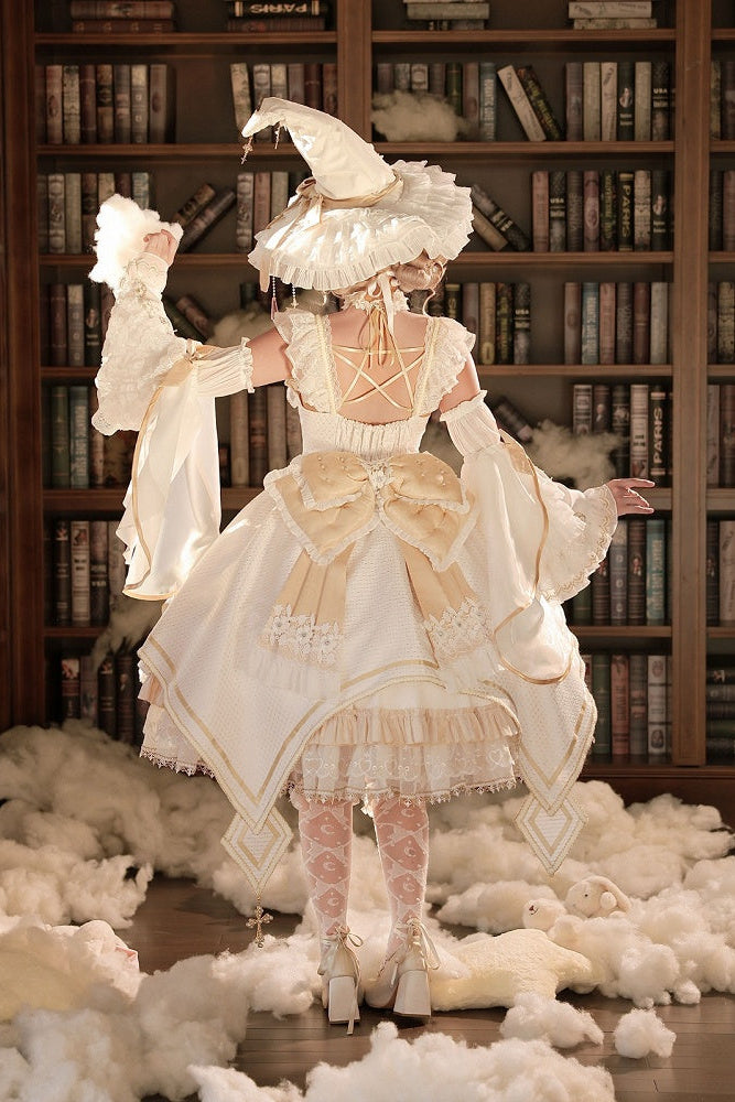 [Cierre de reserva el 14 de septiembre] Conjunto completo Elegant White Gold Witch: vestido JSK cruz + cola con lazo grande + capa con capucha + mangas desmontables + sombrero de bruja + mangas exteriores