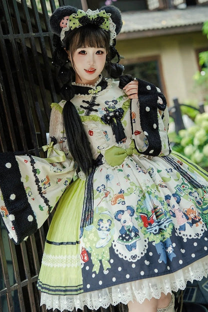 [Pre-order Deadline: October 25] Pink/Green Chinoiserie Lolita Sweet Panda Print Bow Bell Sleeve OP Dress