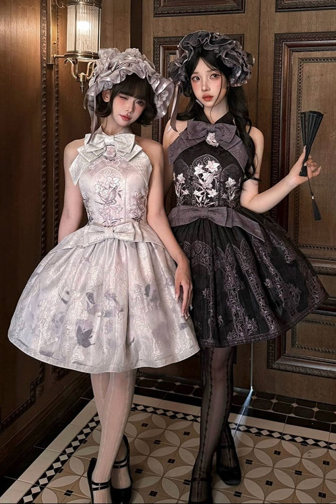 [Scadenza prenotazioni 98] Abito Lolita stile cinese con scollo all'americana, fiocco e ricamo giglio effetto vetrata, nero x viola / bianco x viola