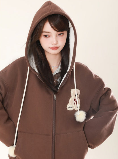 Reversible Fur Ball Hooded Sweatshirt Bore Zip Bear Jacket