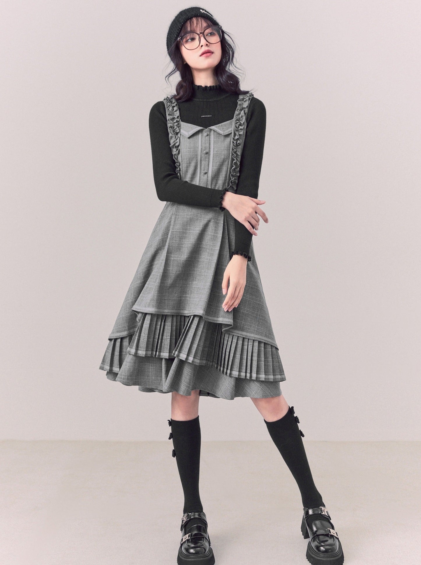 Layered Check Ruffle Suspender Skirt