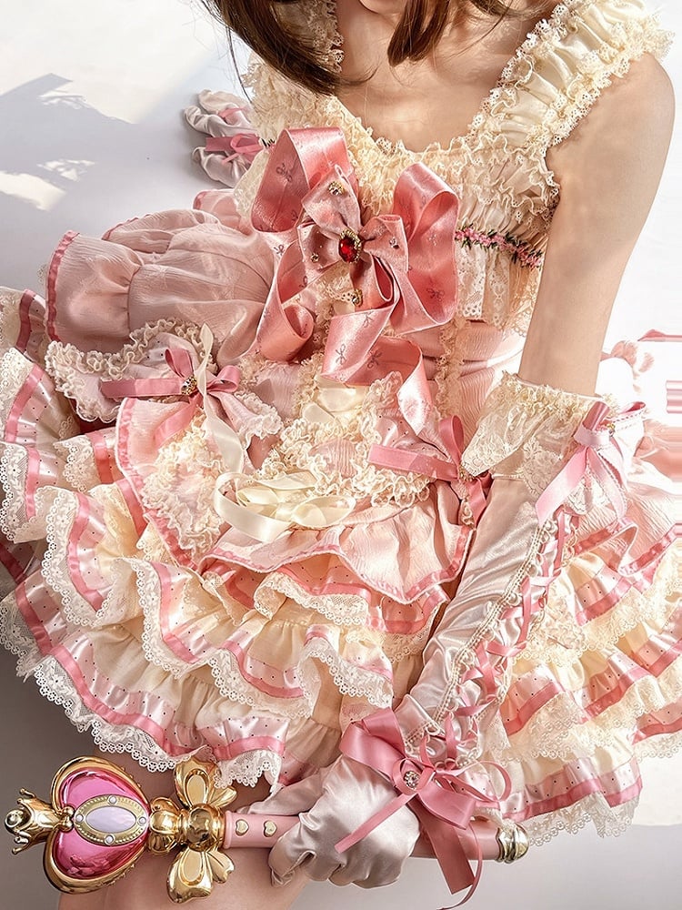 [Bestellfrist 30. April] Süßes Rosa-Lolita-Spitzen-Schleifenkorsett-Stufenrock-JSK-Kleid