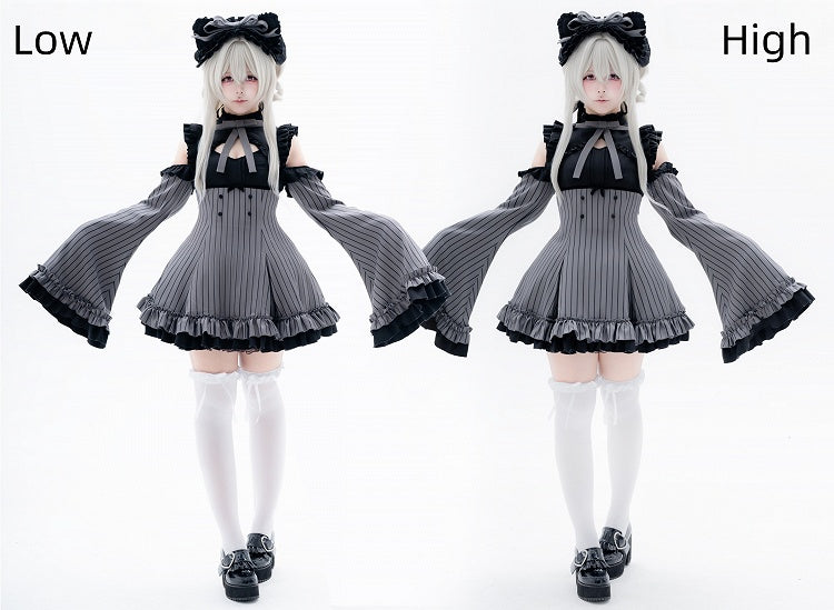 [Pre-order Deadline: October 1] Black x Gray Striped High-Low Cutout Cold-Shoulder Flare-Sleeve Frill Ribbon Dress