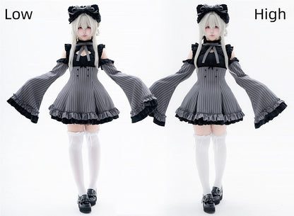 [Pre-order Deadline: October 1] Black x Gray Striped High-Low Cutout Cold-Shoulder Flare-Sleeve Frill Ribbon Dress