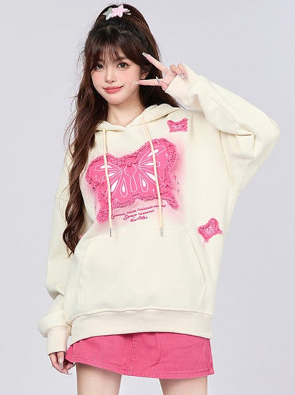 Butterfly Patch Design Hooded Sweatshirt Loose Top