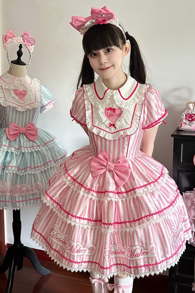 【6月18日予約締切】ピンク/ ブルー/ブラックスイートメイドロリータキャンディストライプティアードドレス＋ドレスセット1/2/3