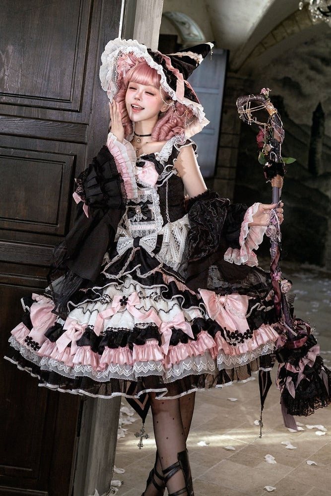 [Date limite de précommande : 14 septembre] Ensemble complet Gothic Black Pink Witch : robe JSK à croix + grande traîne à nœud + cape à capuche + manches amovibles + chapeau de sorcière + manches extérieures