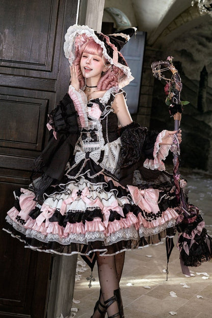 [Date limite de précommande : 14 septembre] Ensemble complet Gothic Black Pink Witch : robe JSK à croix + grande traîne à nœud + cape à capuche + manches amovibles + chapeau de sorcière + manches extérieures