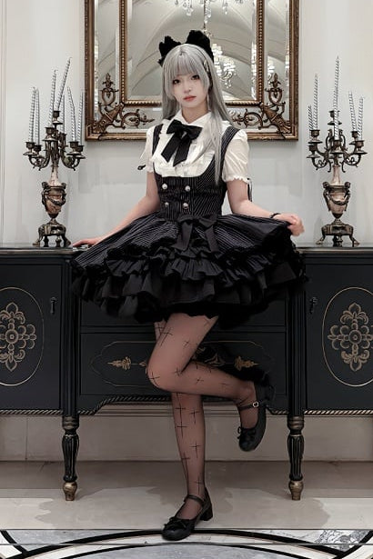 [Scadenza prenotazione 4 giugno] Blusa bianca con volant, jabot e fiocco gotico + completo con abito scamiciato a righe nere e fiocco + cerchietto con fiocco