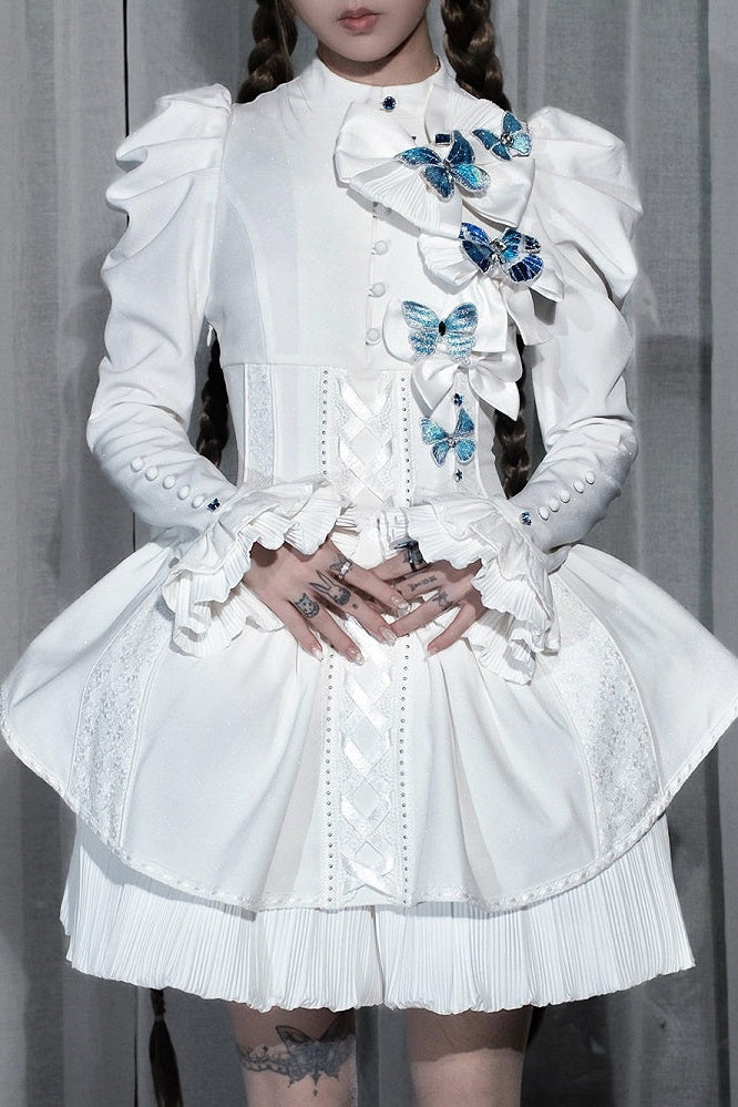 [Reservierungsschluss 14. Oktober] Schwarz-weißes Gothic-Lolita-Minikleid mit Schmetterlingsschleife, Bandkragen und Schnürung am Rücken