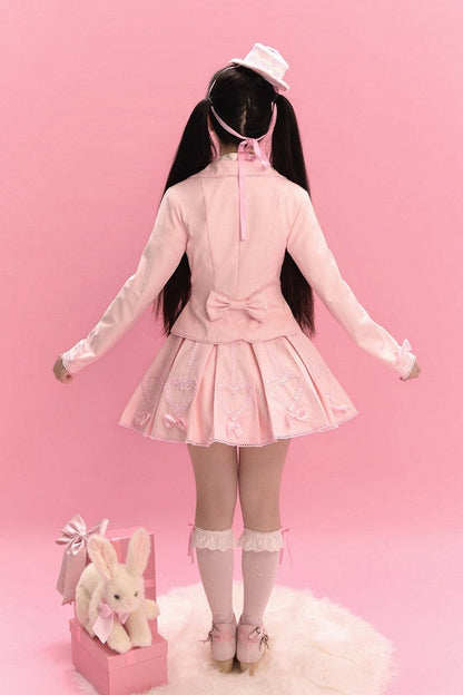 [Pre-order Deadline: June 28] Pink/Gray Vintage Lolita Heart Ribbon Tailored Jacket + Skirt + Tie
